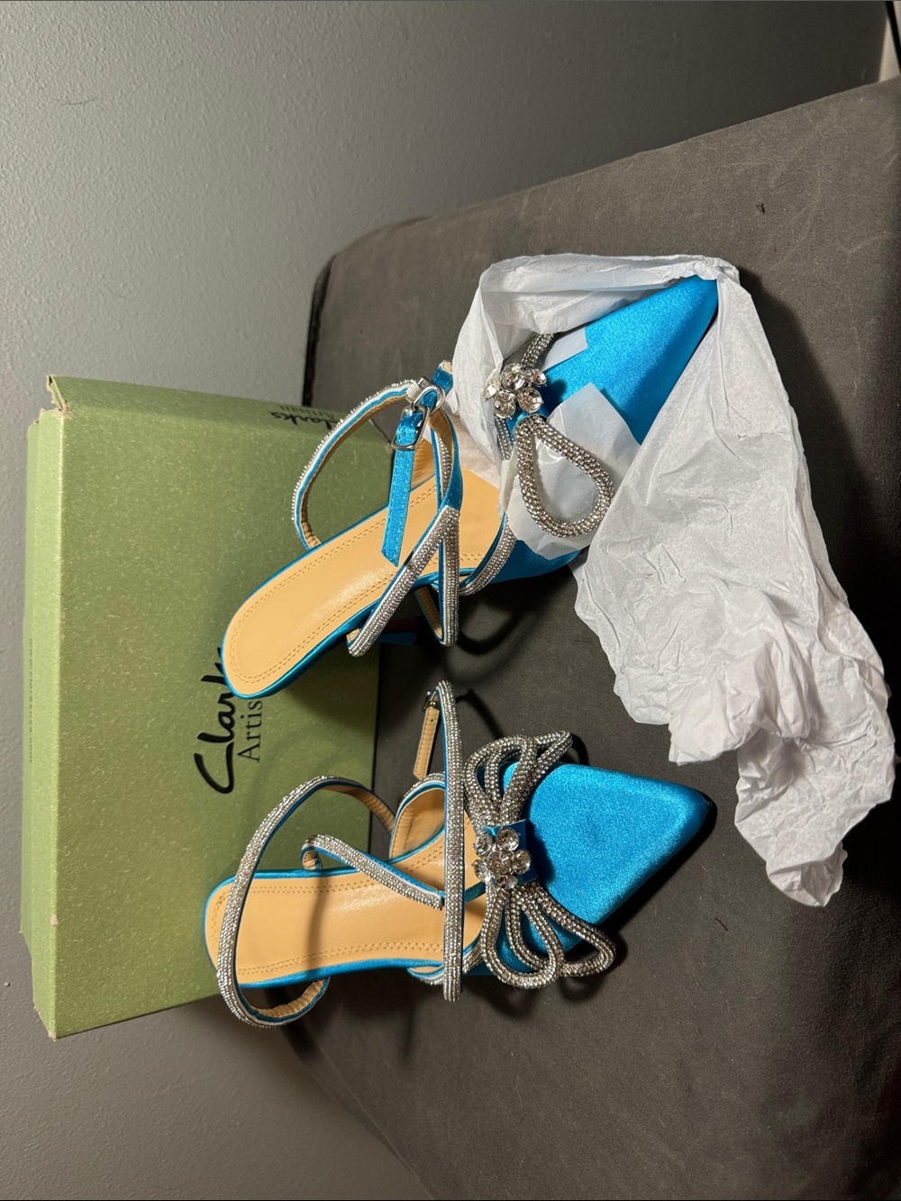 Clarks Turquoise Satin Crystal Bow Strappy Heels